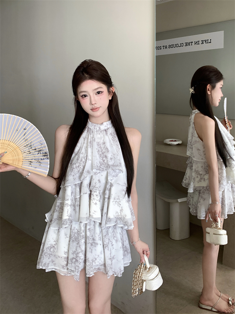 Photographed Modern Chinese Style Set Ink Print V-Neck Top Chiffon Skirt