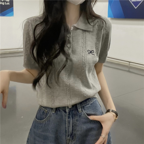 Real shot Summer Korean style polo collar college twist bow embroidery 6 wool knitted short-sleeved top