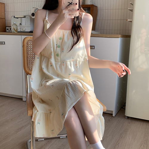 Real shot bark wrinkle summer suspender nightgown summer padded pajamas female sexy thin cartoon home clothes