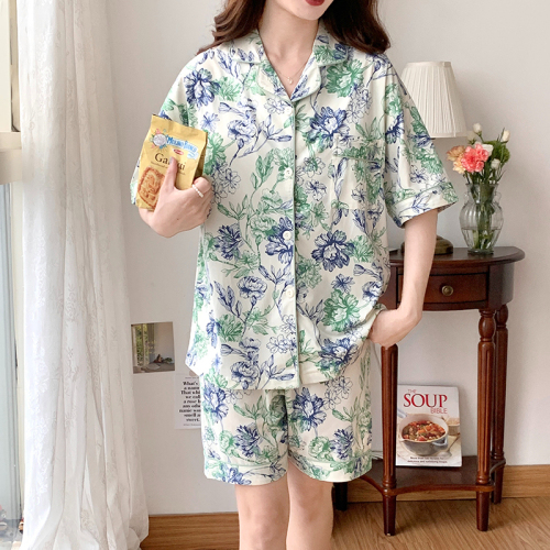 Real shot of imitation cotton new style pajamas with breast pads for women summer short-sleeved shorts thin two-piece set that can be worn outside home clothes