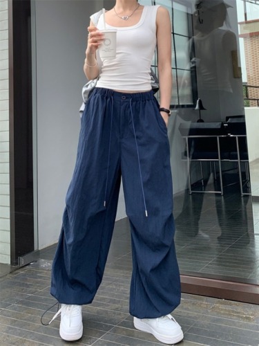 Actual shot of loose and slim drawstring leggings for women, American design casual high-waisted thin wide-leg pants