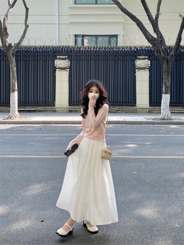 French gentle style white skirt umbrella skirt for women spring high waist slimming mid-length A-line skirt