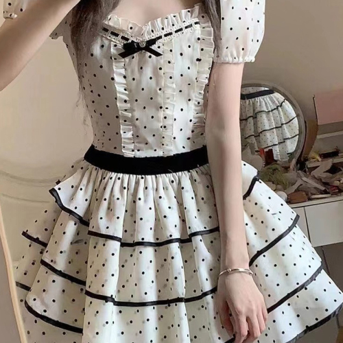 Chiffon fabric + original method 2024 temperament polka dot cake skirt design lace exquisite short skirt for women