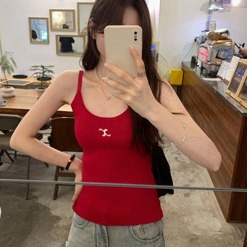 Real photos of American hot girl letter printed threaded knitted suspenders for women summer 2024 new sleeveless inner top