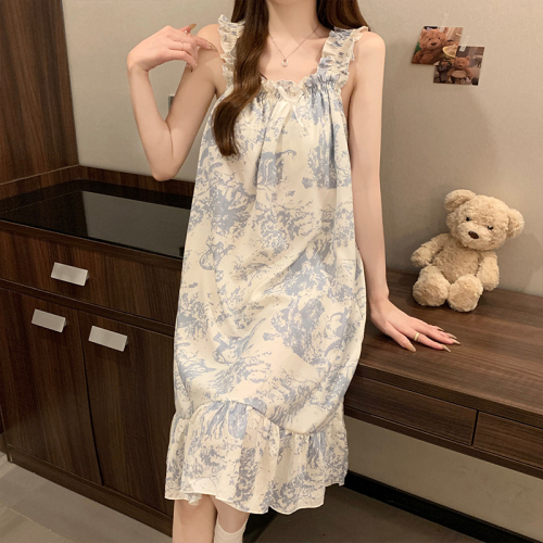 Real shot of Yunduo cotton new summer sling loose large size sexy pajamas women's nightgown with breast pads home clothes