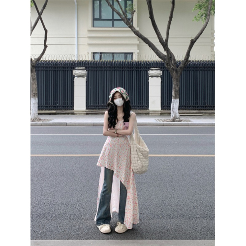 Holiday style floral suspender dress women's early spring sweet waisted irregular A-line skirt long skirt