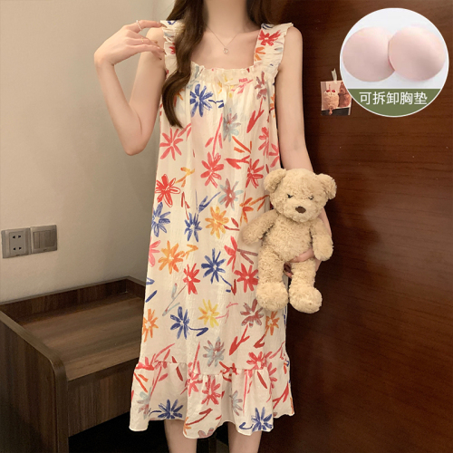 Real shot of Yunduo cotton new summer sling loose large size sexy pajamas women's nightgown with breast pads home clothes