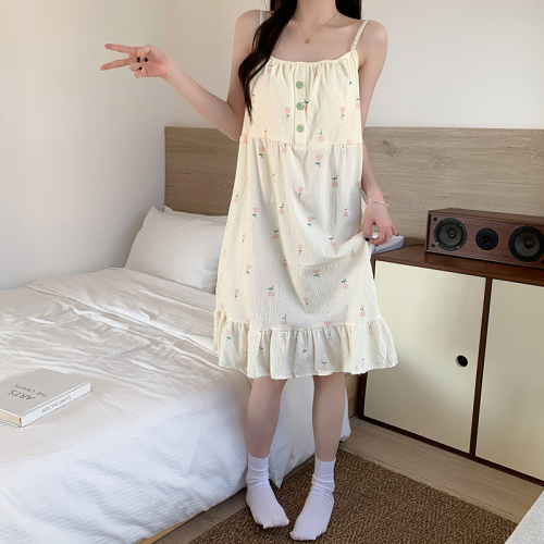 Real shot bark wrinkle summer suspender nightgown summer padded pajamas female sexy thin cartoon home clothes