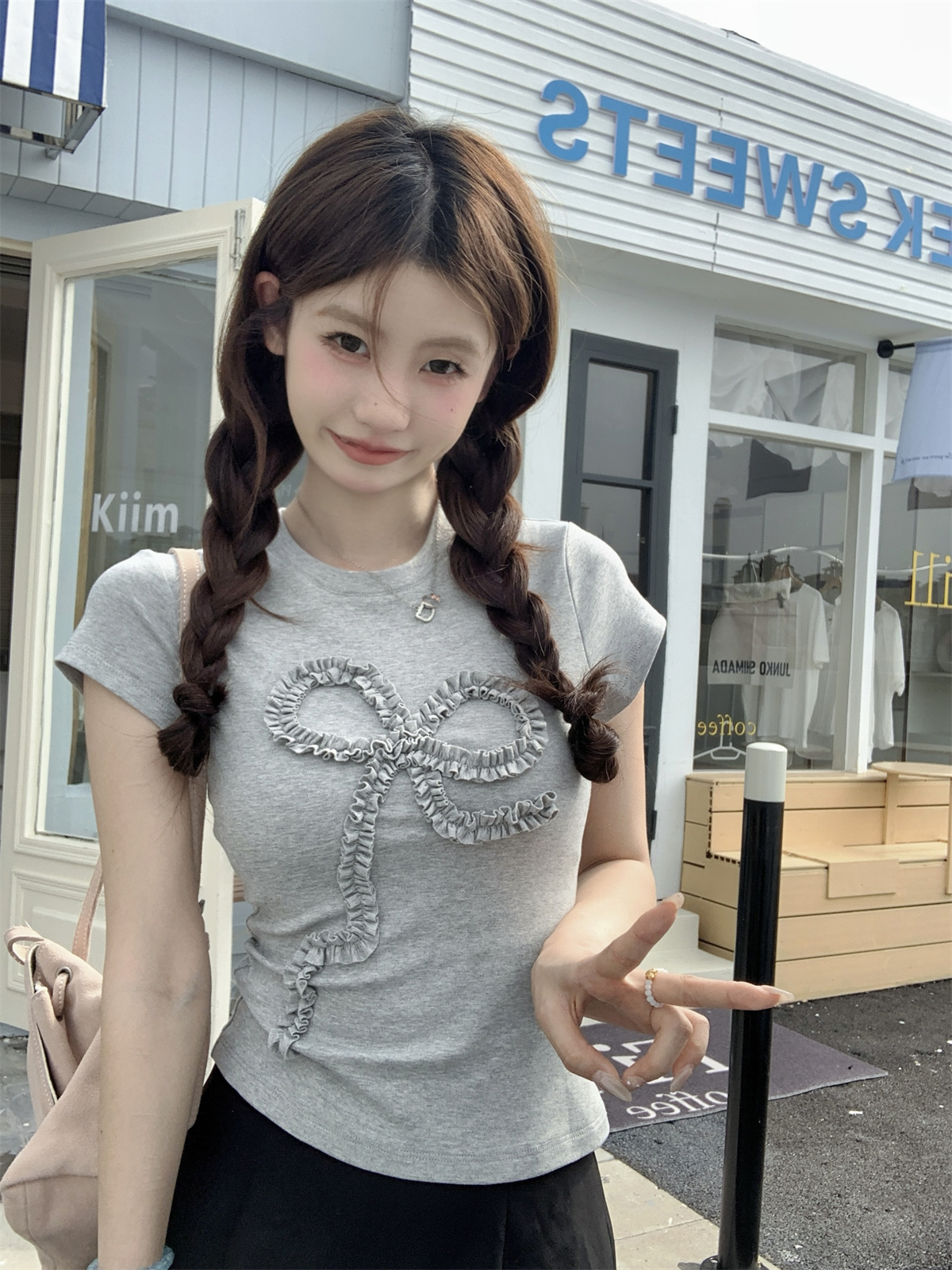 實拍 夏季韓版修身正肩拼接蝴蝶結提花減齡純棉短袖T恤上衣