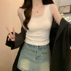 Actual shot of 210g plum blossom sleeveless vest for women 2024 summer fashion short style slimming round neck lace floral top