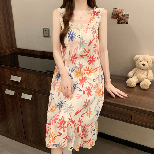 Real shot of Yunduo cotton new summer sling loose large size sexy pajamas women's nightgown with breast pads home clothes