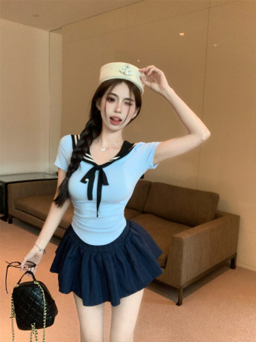 Real shot!  Sweet and spicy age-reducing navy collar stitching contrasting tops for women slimming and versatile pleated skirts and short skirt suits