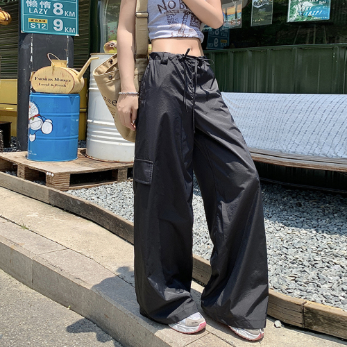 Real shot of overalls for women with parachute quick-drying fabric, American wide-leg pants for women, loose yuppie floor mopping sports long pants