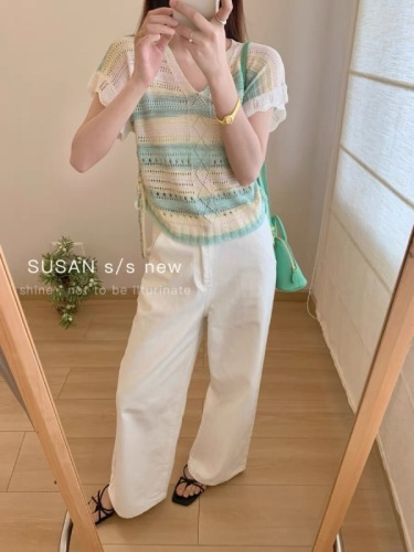 SUSAN2024十三行夏新款时尚休闲百搭绑带彩虹条多巴胺穿搭针织衫