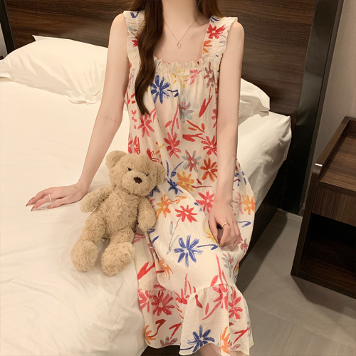 Real shot of Yunduo cotton new summer sling loose large size sexy pajamas women's nightgown with breast pads home clothes