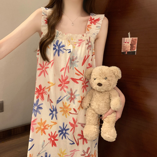 Real shot of Yunduo cotton new summer sling loose large size sexy pajamas women's nightgown with breast pads home clothes