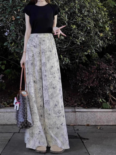 Women's new summer wide-leg pants, loose slimming culottes, high-waisted ink printed new Chinese-style pants, tie-dyed Zen pants