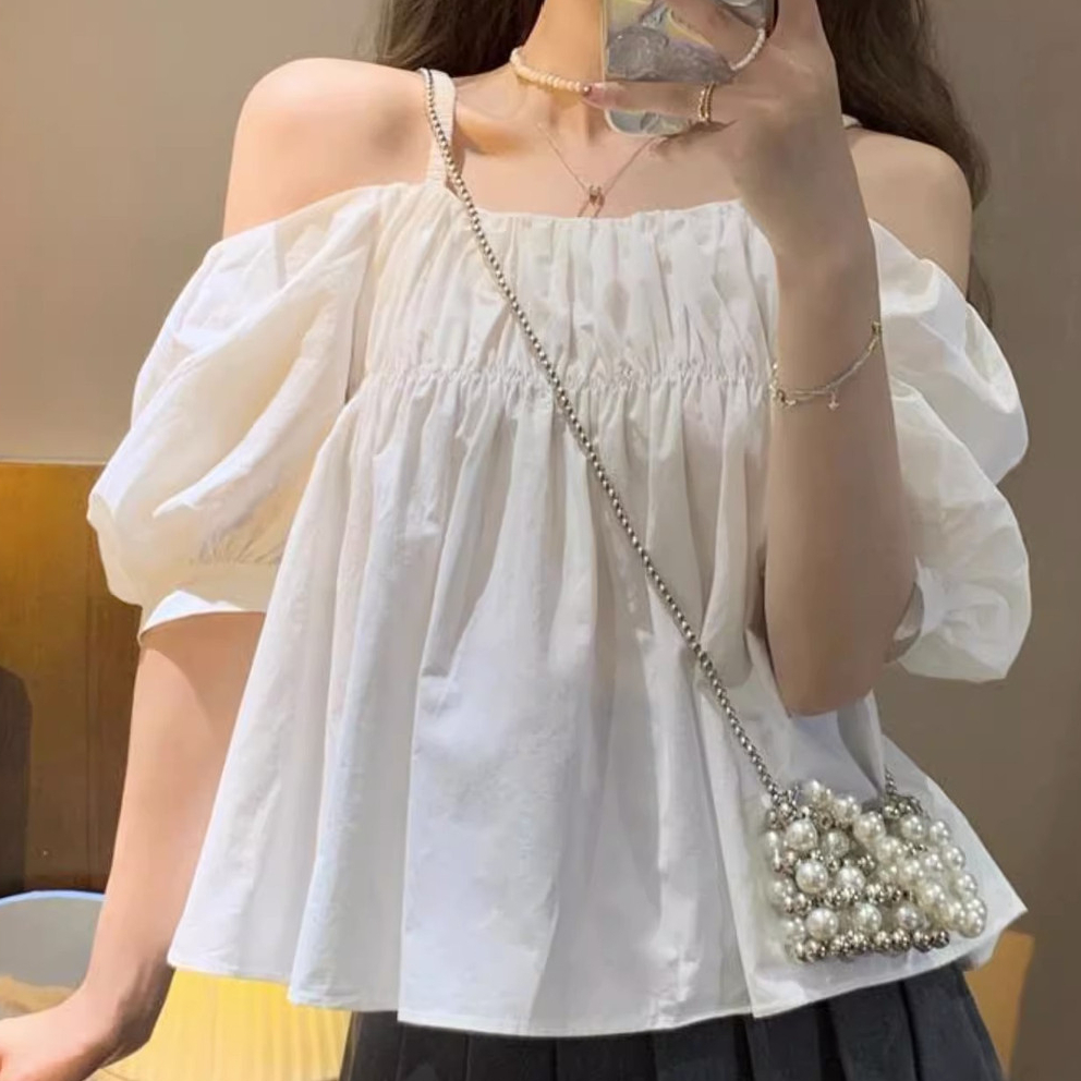 French Puff Sleeve Strap Off-Shoulder Shirt Women's One Shoulder Summer Korean Gentle Loose Sweet Babydoll Top