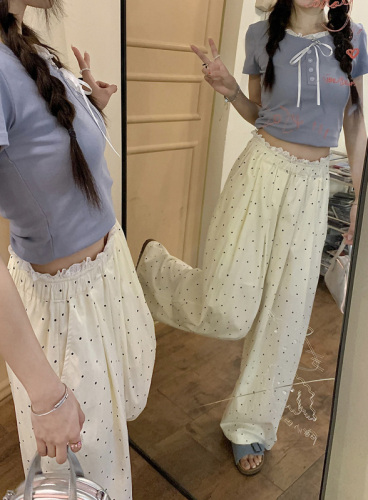 Actual shot~ High-waist ice silk Yamamoto straight wide-leg floor-length pants for women, loose slimming casual polka-dot cool pants