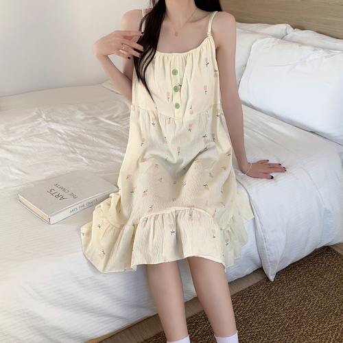 Real shot bark wrinkle summer suspender nightgown summer padded pajamas female sexy thin cartoon home clothes