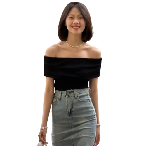 New summer women's black slim-fitting short-sleeved t-shirt niche off-shoulder hot girl one-shoulder collarbone top
