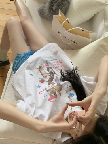 大量  韩国可爱猫咪甜辣露脐短款T恤女修身正肩短袖上衣