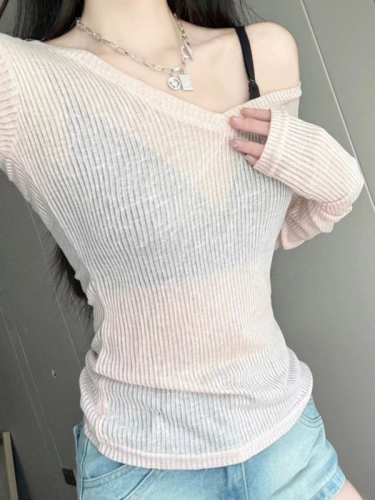 Official photo Mesh V-neck blouse for women in summer slightly see-through tight-fitting long-sleeved T-shirt pure lust style thin top
