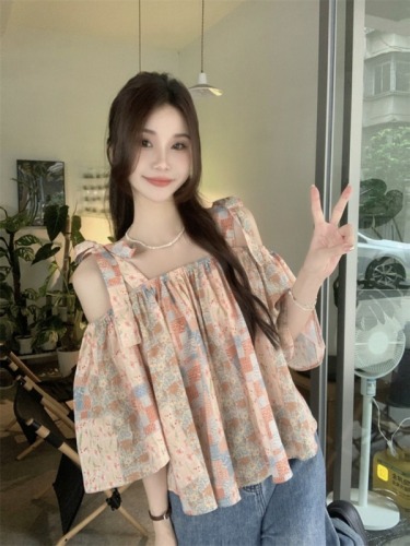 Actual shot ~ French design printed one-shoulder halter top loose puff sleeve two-wear shirt for women