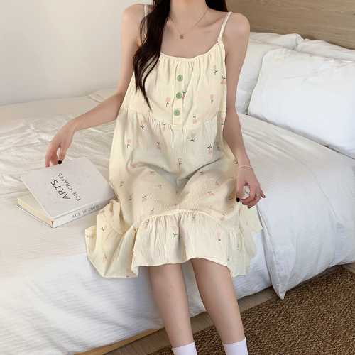 Real shot bark wrinkle summer suspender nightgown summer padded pajamas female sexy thin cartoon home clothes