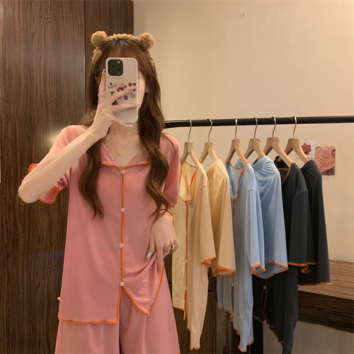 Real shot of new casual versatile lazy style solid color loose home pajamas two-piece set for women