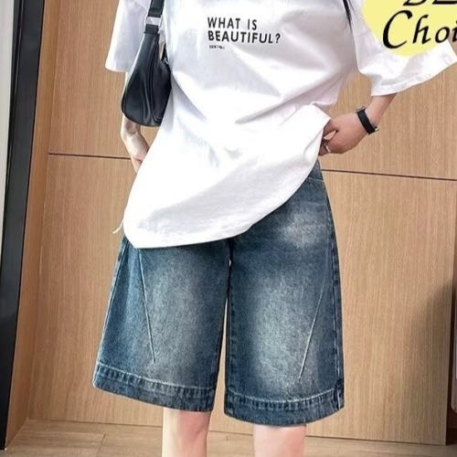 Summer denim shorts for women straight-leg American retro washed high street wide-leg distressed casual versatile five-quarter pants