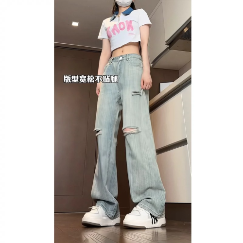 Bamboo pattern high-waisted jeans ootd tall lengthened summer pants American high street micro-flared straight pants