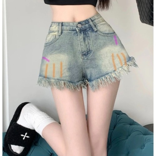 Painted graffiti denim shorts for women summer thin high-waisted slim A-line raw edge tassel wide-leg pants ins trend