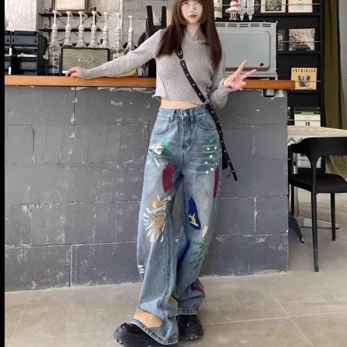 Colorful smudged graffiti spray-painted jeans for women high-waisted slimming straight wide-leg floor-length pants