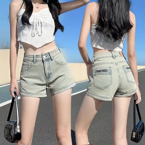 Denim shorts women's summer 2024 new high-waist elastic slimming niche hot girl a-line tight slimming hot pants