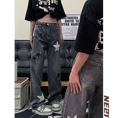 High street design star embroidered jeans for women spring and autumn new high waist slimming wide leg trousers