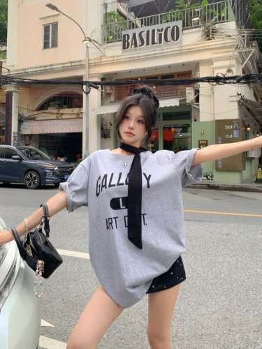 Real shot Good Morning Fan Fan letter printed T-shirt women's summer loose mid-length Korean style lazy style casual top
