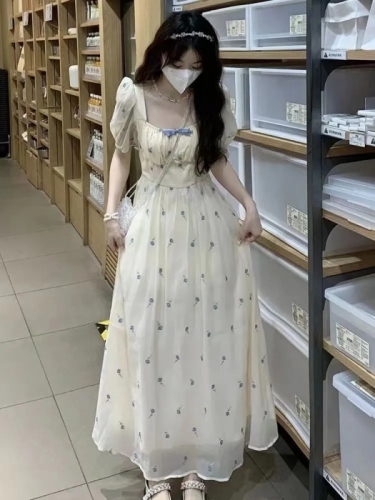 French gentle style, super fairy and sweet temperament, puff sleeve floral dress, summer new style, waist-cinching long skirt for female students