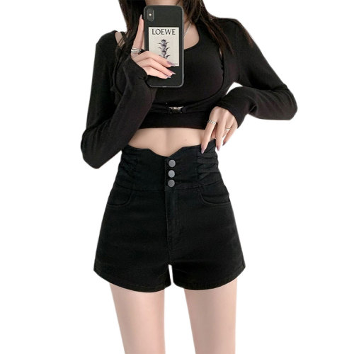 Summer 2024 new design high-waisted black MM large size denim shorts women's a-line shorts hot pants