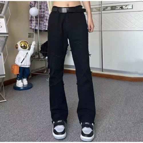 Spliced ​​jeans for women, spring and summer, wide-legged, loose straight pants, niche design, high-end American high street