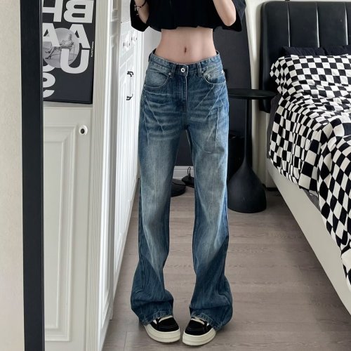 American high street vibe lightning burst pattern blue jeans women's trendy straight-leg slightly flared cleanfit slimming pants