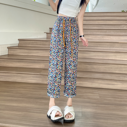 Floral wide-leg pants for women in summer, thin, nine-point anti-mosquito, loose, slim, casual high-waisted straight beach pants