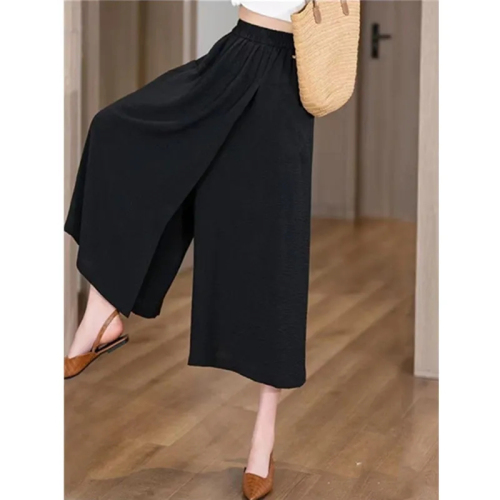 Summer thin, loose, high-waisted, slit, lazy-style casual skirt pants with thick hips and thighs, slimming eight-point wide-leg pants for women