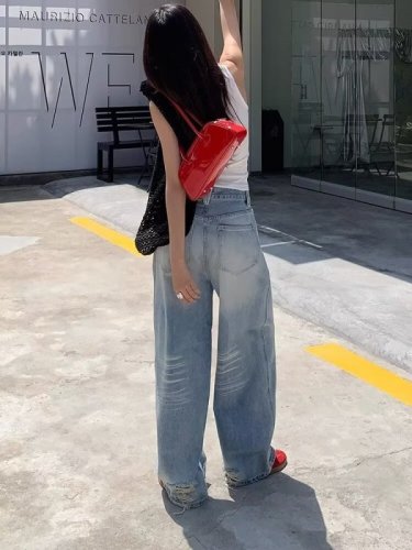 Washed white light blue wide leg jeans for women high waist slim American retro loose straight floor mopping pants