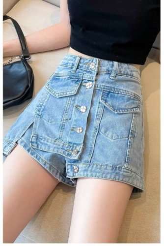 Denim shorts women's summer loose niche design high waist a-line multi-pockets lined women's super shorts women's