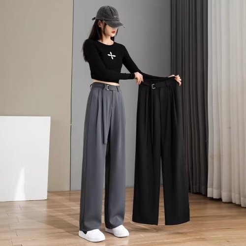 Ice silk suit pants for women in summer, high-waisted, narrow wide-leg pants for small people, slim floor-length black straight pants