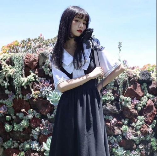 Summer retro college style small fresh suspender dress for female students mid-length Korean style loose A-line skirt