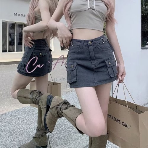 Workwear denim skirt for hot girls in summer, slim and anti-exposure short skirt, high-waisted A-line hip-hugging short culottes