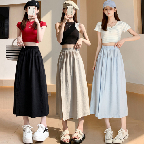 Real shot of ice silk cotton and linen culottes for women summer 2024 drapey loose wide leg pants high waist slimming a line skirt