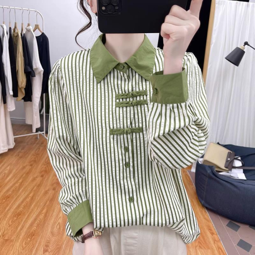 Striped splicing button-up shirt for women 2024 spring and summer new Chinese style long-sleeved contrasting color age-reducing design top